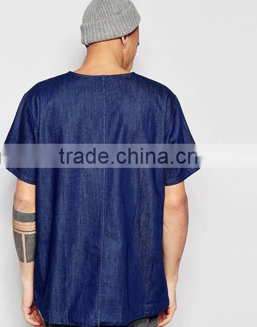 2016 Summer men light weight short sleeves dark wash denim t-shirt custom
