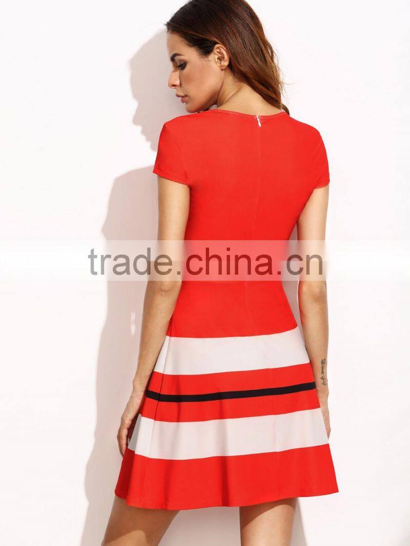 Red Striped Print Cap Sleeve A Line Dress 95% Polyester 5% Spandex Elegant Zip Short Dress