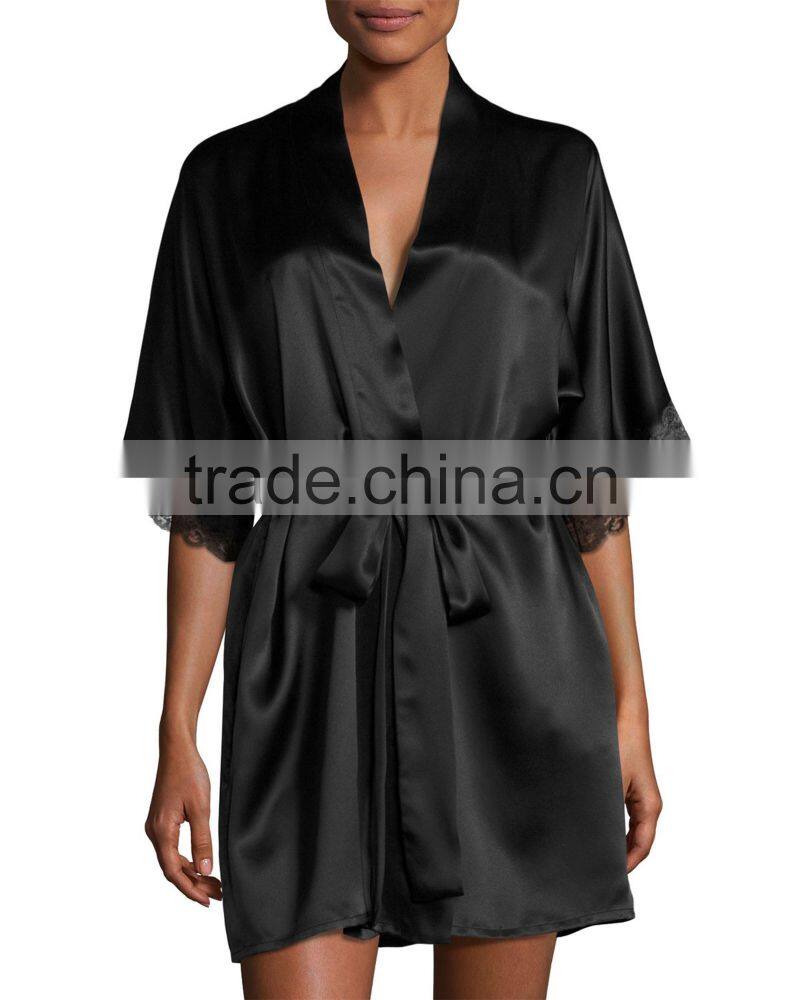 Wholesale & custom short kimono robe, wrap front silk satin robe, lace trim short robe