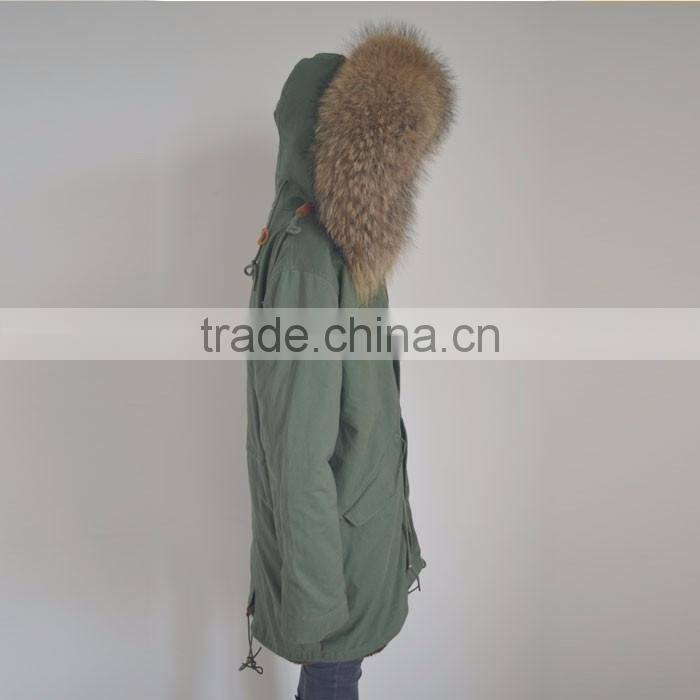 Myfur Long Parka with Detachable Raccoon Fur Hood Navy Fur Trimmed