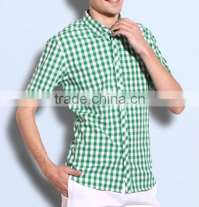 Plaid young style deep blue short sleeve summer collar button men casual shirt
