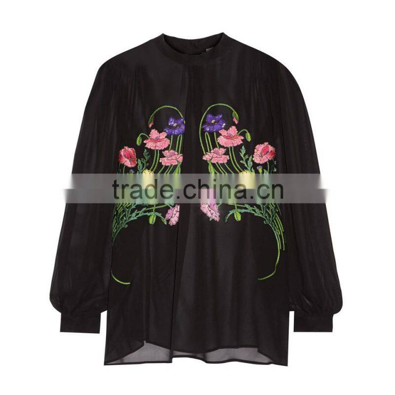 new model embroidery patch back neck elegant design long sleeve new women blouses design chiffon blouse