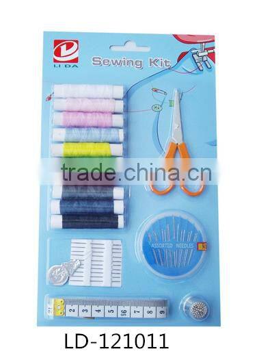 mixed color small spool sewing thread with scissors, sewing hand needles, tape measure compact with blister pack