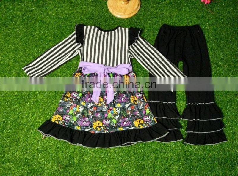 2016 new style Halloween black and orange pumpkin tunic and triple ruffle pant clothing sets bulk wholesale kids fall clothing