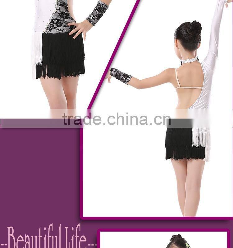 Girls Children Open Back Spliced Unequal Latin Dance Dress Kids Samba Tango Salsa Tassel Competition Dress