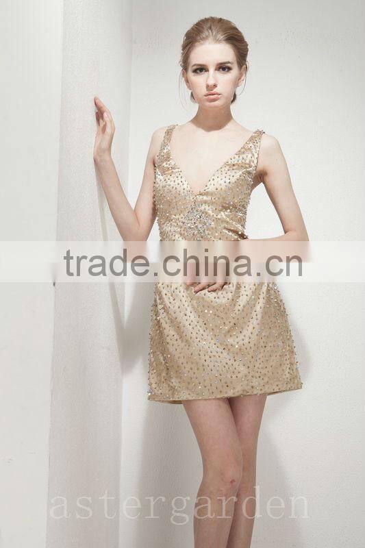 spring new design A-line V-neck short/mini sequined evening dress lace party gowns