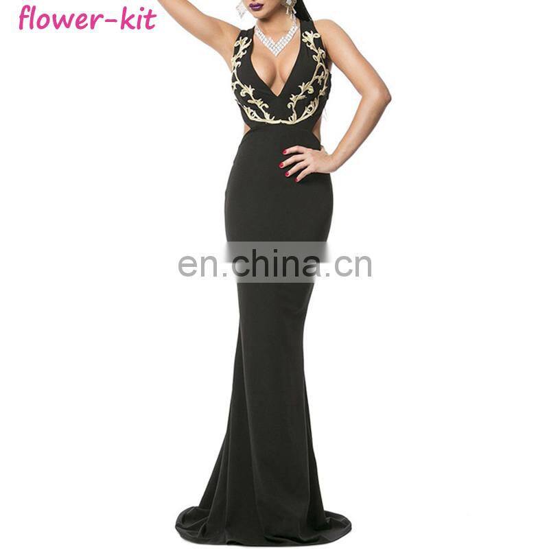 Gold Embroidery Deep V Plunge Cross Back Evening Dress