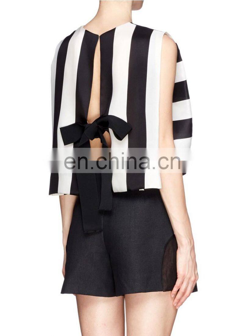 High Quality Voluminous Silhouette Open Back Ribbon Tie Sleeveless Stripe Girls Top (16110805)