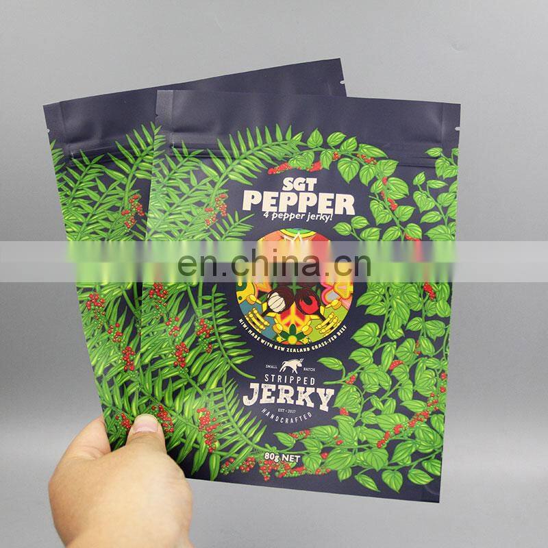Custom Printed 3 Side Seal Flat Zipper Plastic Ziplock Dried Meat Biltong Food Packaging Bag Beef Jerky Bag
