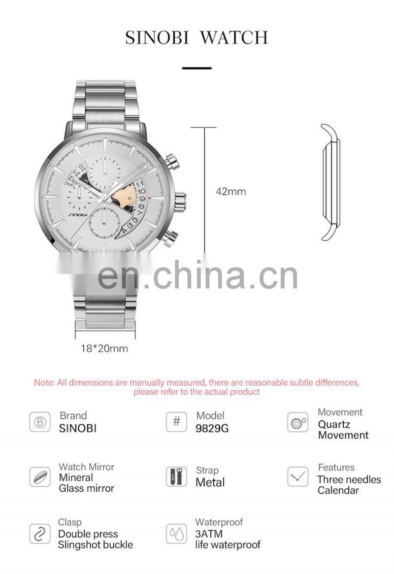 SINOBI Mens Style Watches S9829G Creative Men Watch Luminous with Date Window Chronograph Timepiece Clock Watch