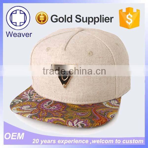 Plain 5 Panel Cap Custom Australian Snapback Cap with Paisley Print Fabric Brim