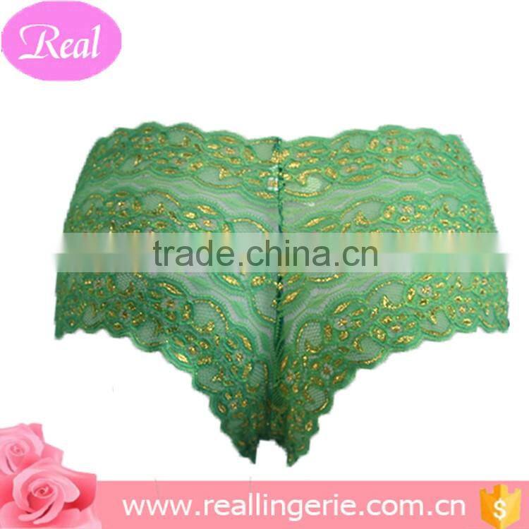 Sexy elegant transparent green golden color lace lingerie panty for ladies