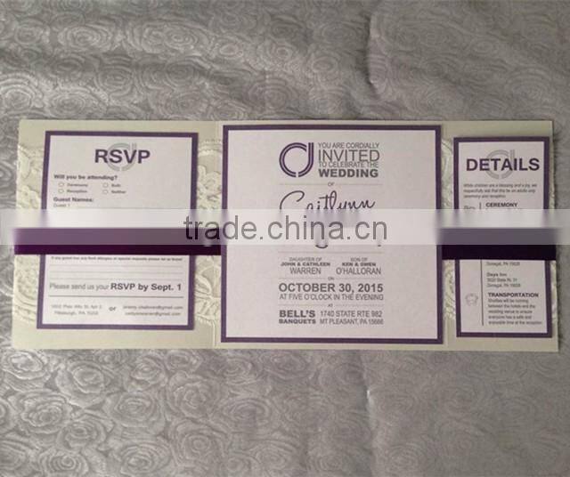Hot sale elegant & personalized white lace wedding invitations with purple&white ribbons