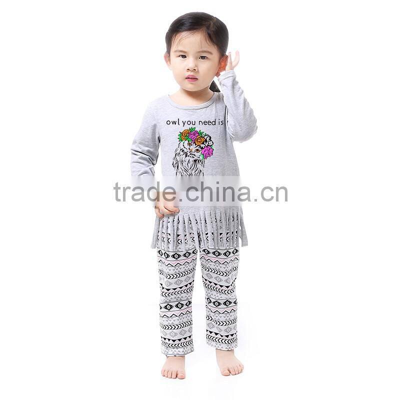 Cheap Baby Clothes Grey & White Striped Top and Ruffle Pants Outfit for Girls