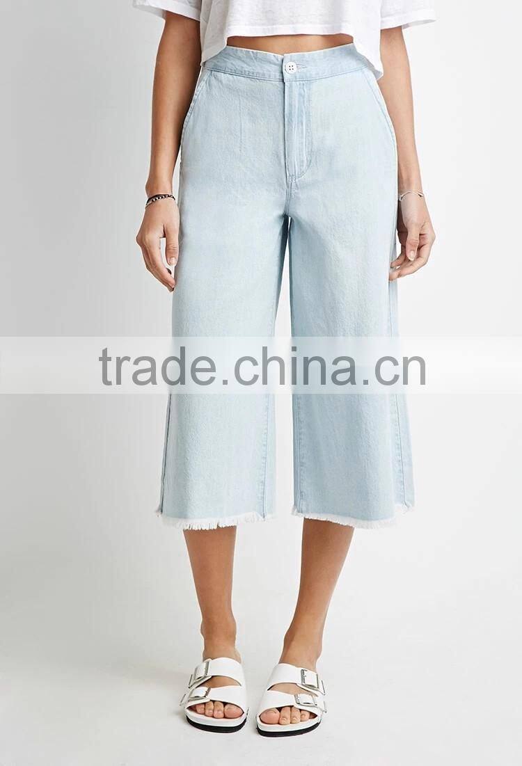 Quiet Color Midi Pants Frayed Denim Gauchos For 2016 Summer Women