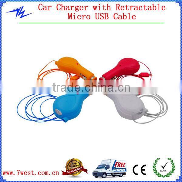 Car Charger with Retractable Cable,Mini USB Car Charge 5V 1000mAh with CE & RoHS