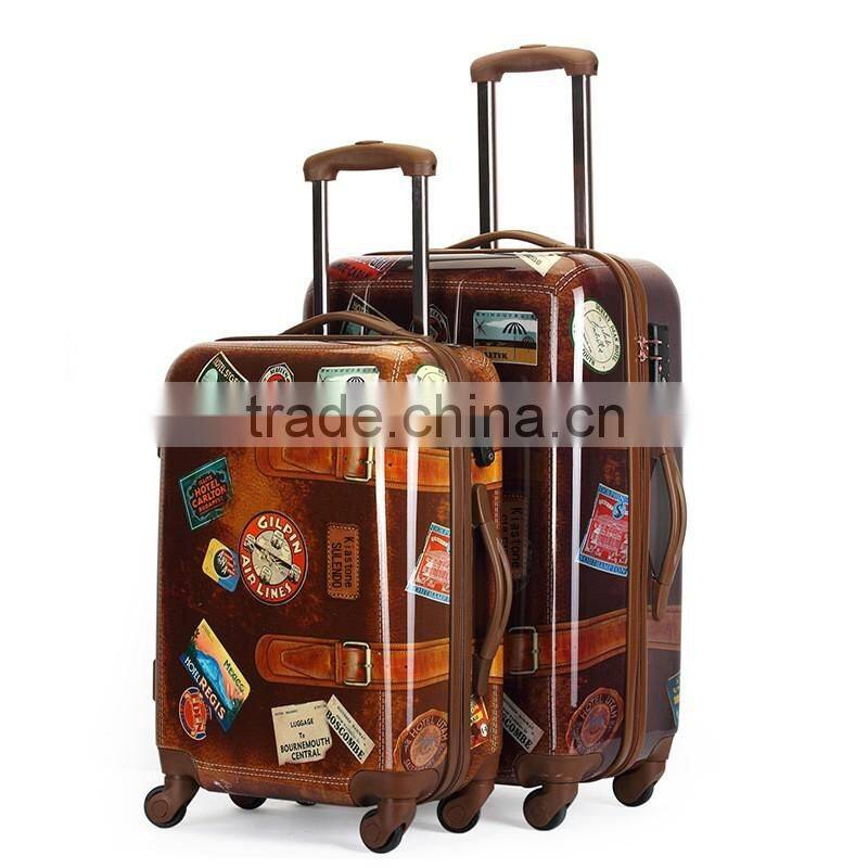 Gentleman's Hard Shell Vintage Trolley Luggage With Belts 2-Side Printing In 20-Inch