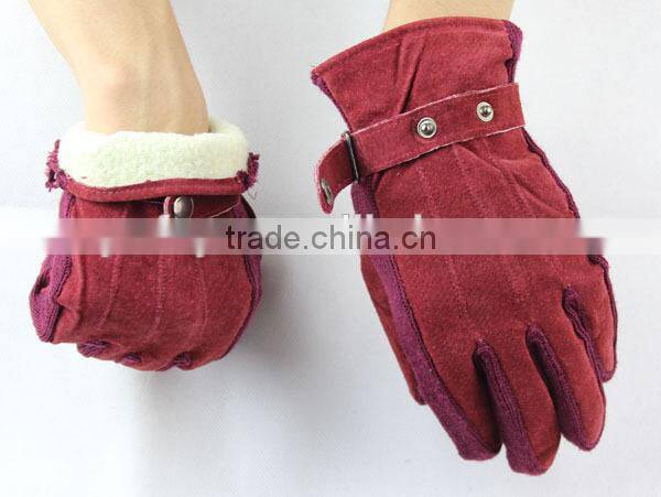burgundy red women suede leather gloves