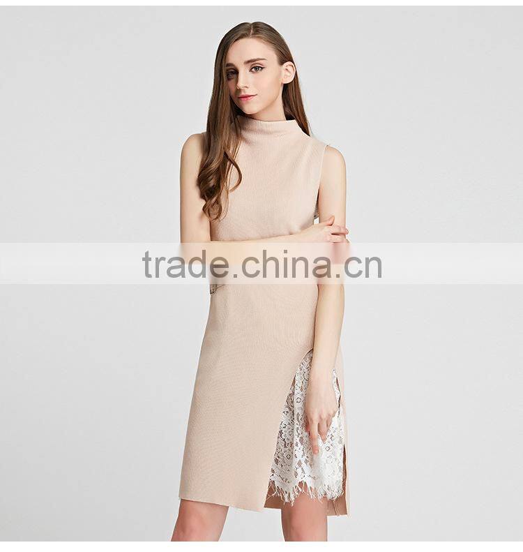 Fashion Lady Sleeveless Knitting Dress 2016 Summer Woman Thin Long Sweater Pullover Femme Robe De Tricot Lace Patchwork
