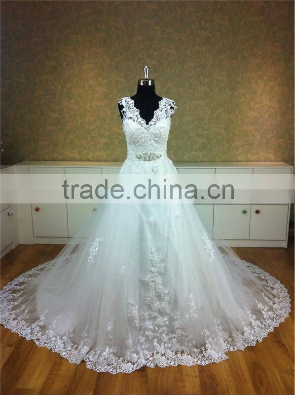2014 Deep v back muslim bridal wedding dress lace crochet wedding dresses