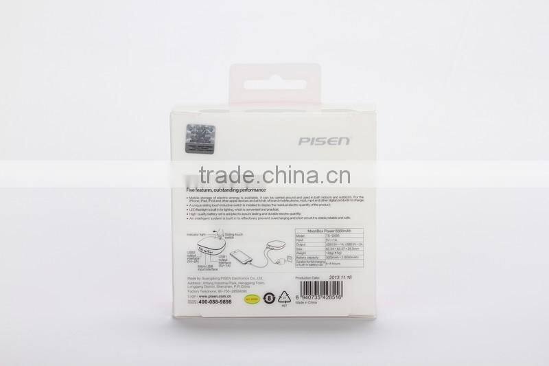 Professional mobile power with touch switch pisen moonbox powerbanks 6000mah 6000mah power bank with CE certificate