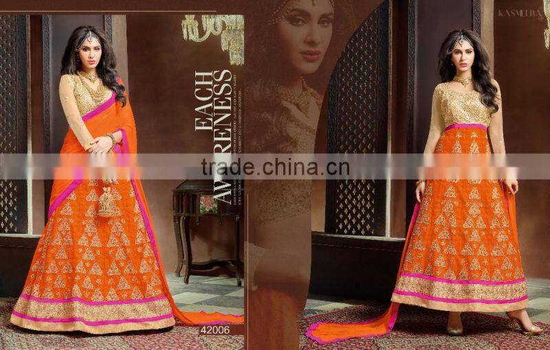 Indian Designer Fully Embroidered Bridal Anarkali Salwar Kameez With Banaras Border For Womens