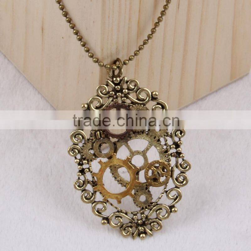 New design steampunk gear cameo pendant statement necklace 2015 yiwu fashion imitation jewelry hot sale
