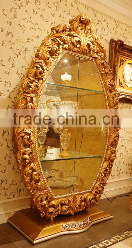 Antique Rococo Design Luxury Floral Carving Display Cabinet/ European Classic Wood Carved Frame 4-Door Glass Wine Cabinet