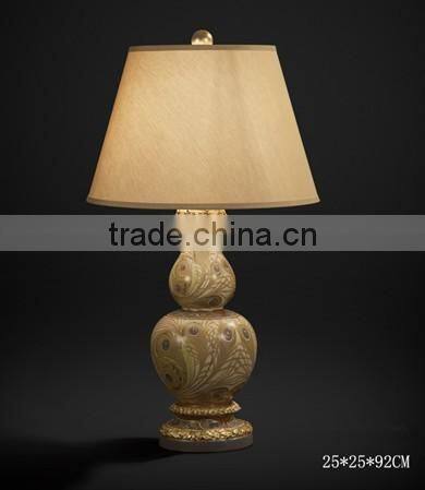 Hand Painting Antique Table Lamp With Shade, Imitated Calabash Desk Lamp, Cobalt Blue Carved Wooden Decor Lamp