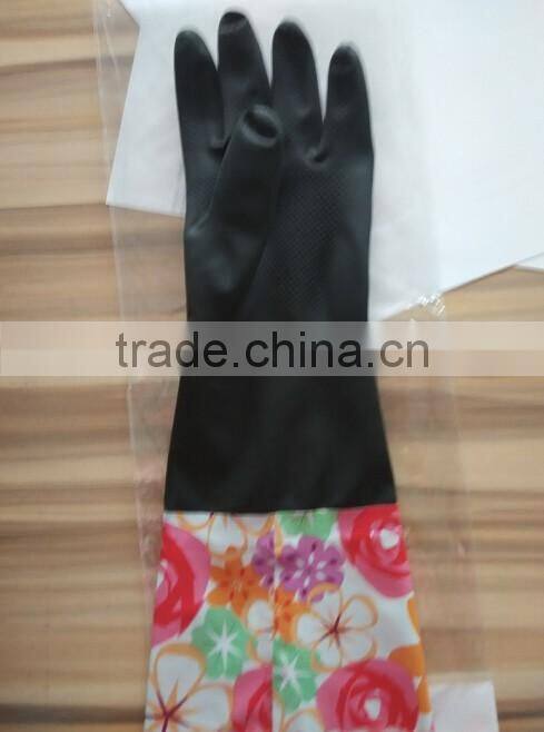 household rubber cleaning gloves/black latex anti-skid gloves with cuff and fleece for winter