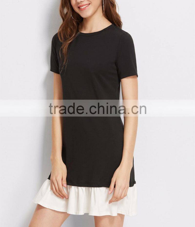 clothing/women fashion dresses/Black Contrast Ruffle Trim Short Sleeve Tee Dress