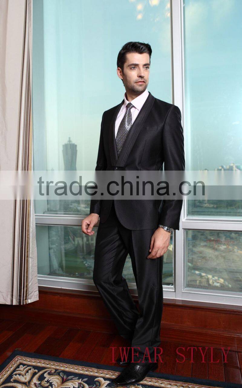 2015 custom made fashion satin lapel black suits for men