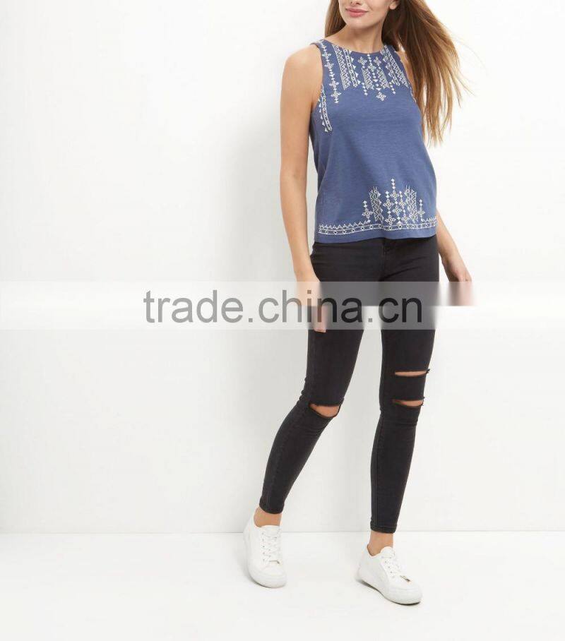 2016 Fashion Summer Blue Embroidered Trim Sleeveless Top HST8042