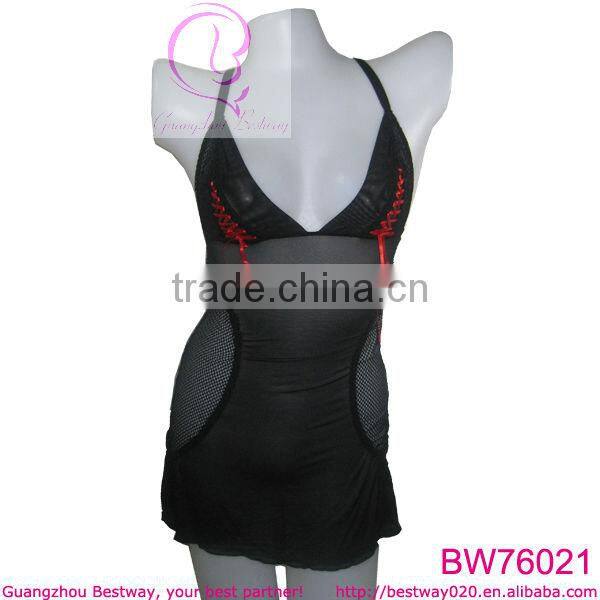 Fantacy sexy women black transparent lingerie with red ribbon