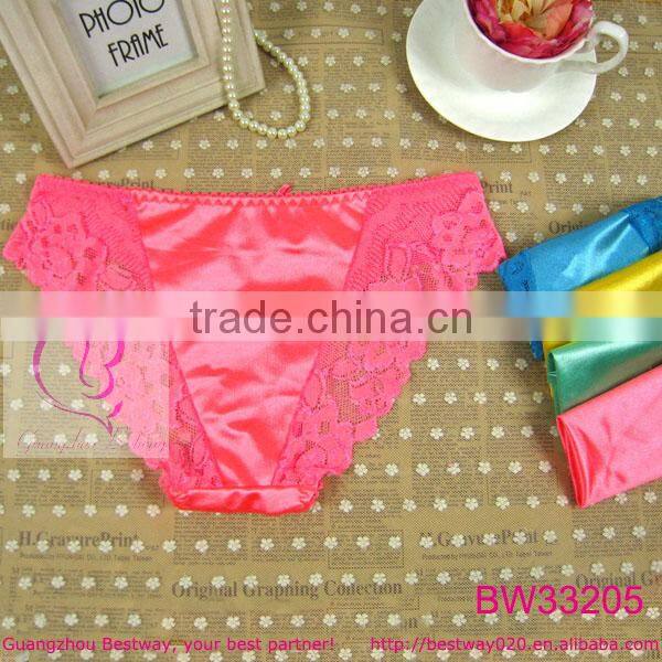 Sexy satin panties for women with front top and back part lace decorated satin bikini panties for your girls women ladies cheap