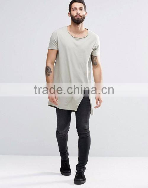 China suppliers custom men summer fashion 100% cotton raw scoop neck split hem long line t-shirt
