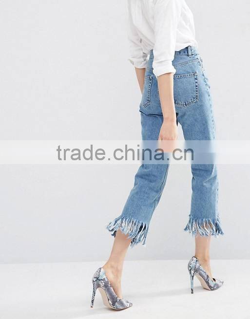 New pattern Latest design jeans pants women tight jeans flared with tassel from jeans manufacturers china