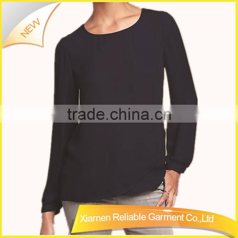 Navy round neckline long sleeve Pure chiffon online selling shirt