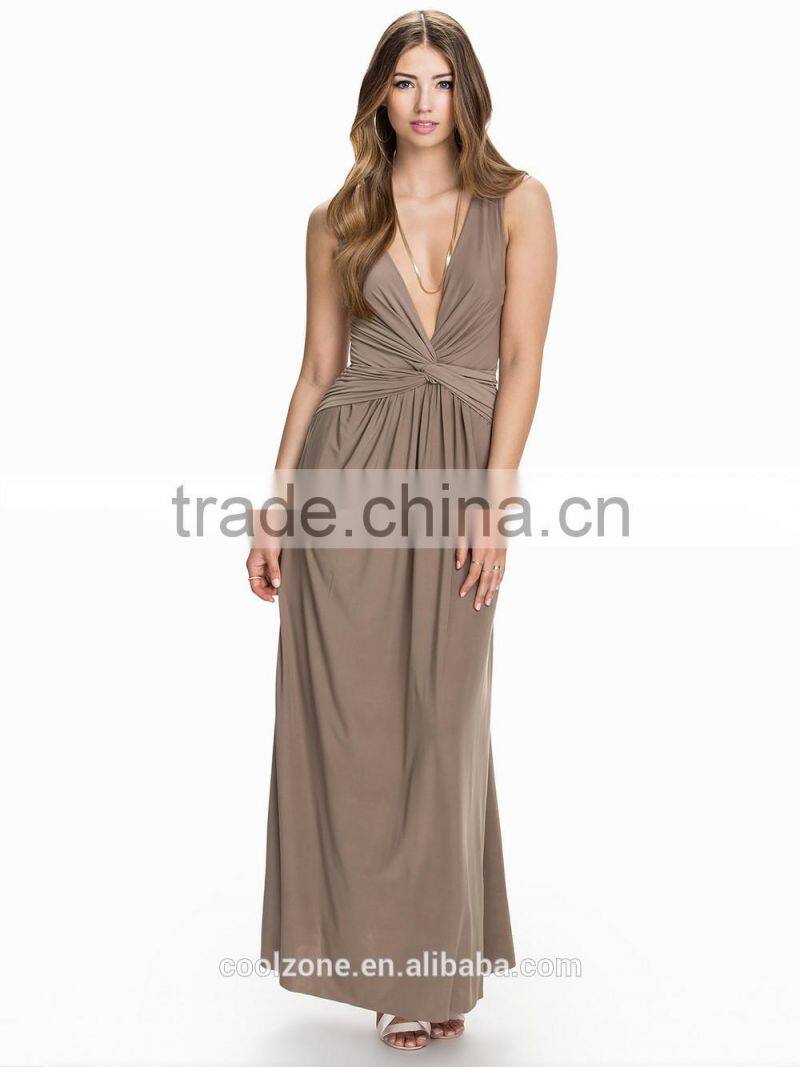 Sexy deep V neck knot front evening gown ladies long evening party wear gown