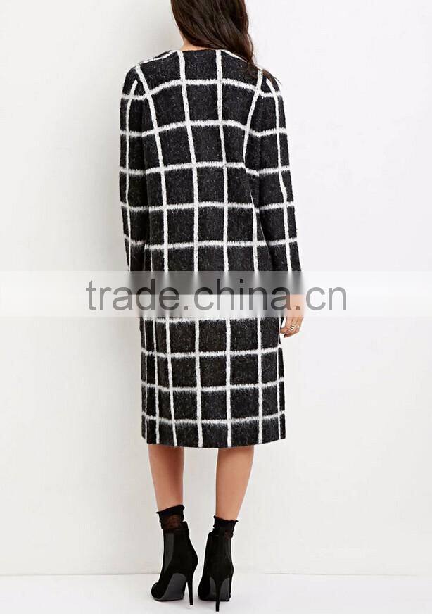 Women open front sleeved longline cardigan fashion allover grid long cardigan 2016