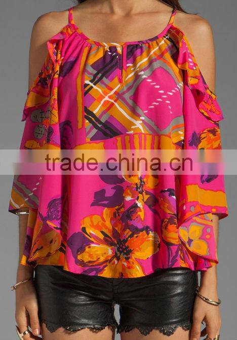 100% poly ruffle trim top