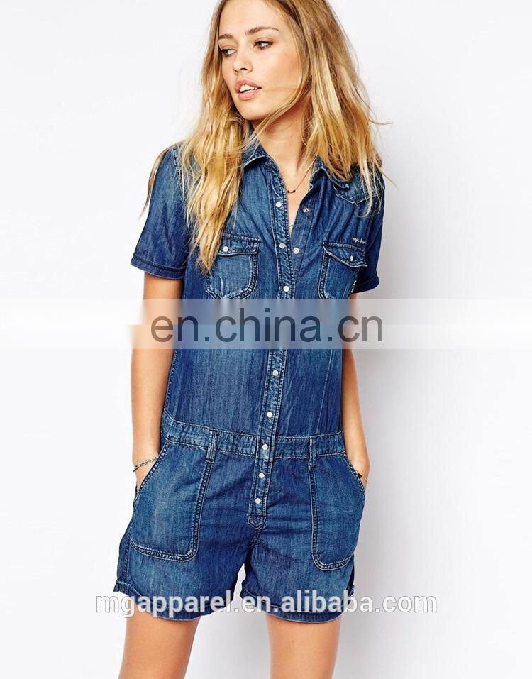 Fashion 2015 denim playsuit side pockets jean denim romper for ladies