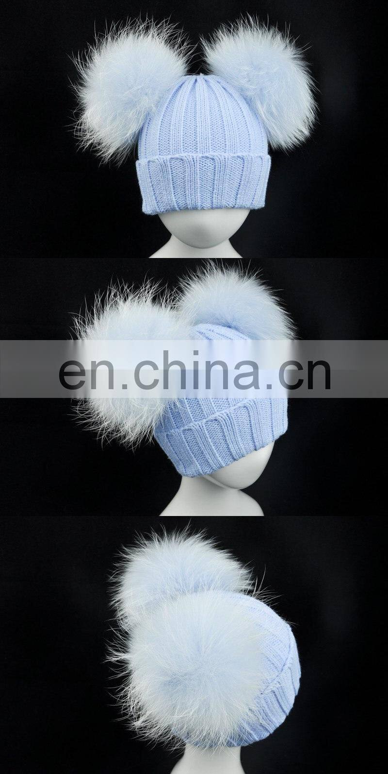 Brand Cute Baby Crochet Hats and Caps with Two Real Raccoon Fur Balls Top Color Matching Hat