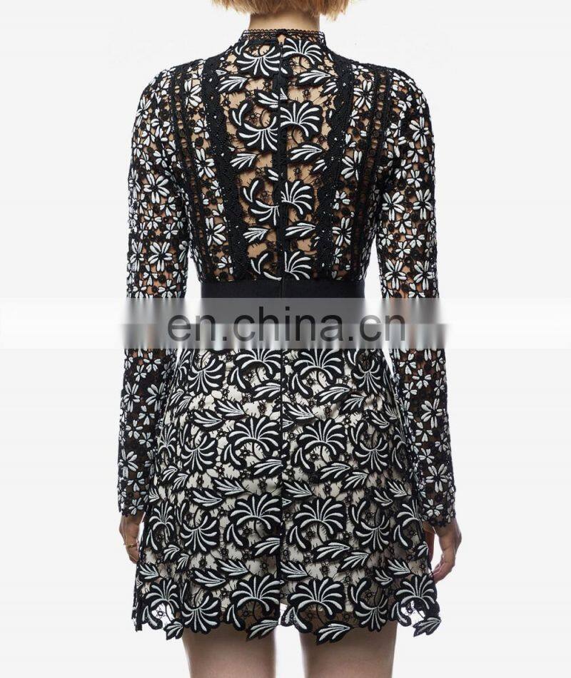 top sale black and white long lace sleeve short cloth jumpsuit for spring