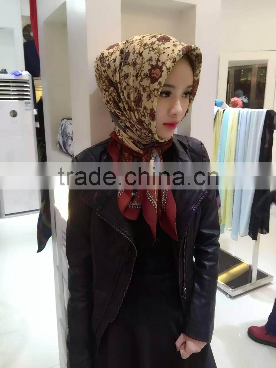 latest design fashion muslim square silk hijab 110*110cm (Very beautiful,not slide)