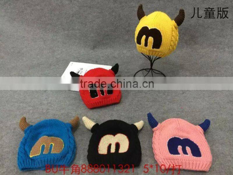 Newest Letter M Imbroideried Horn Style Plain Knitted Boys Girls Warm Winter Hat Woollen Beanie