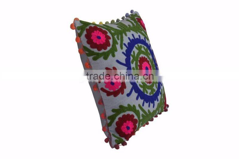 Indian Suzani Cushion Cover 16x16 Pom Pom Pillowcases Boho Throw Pillows