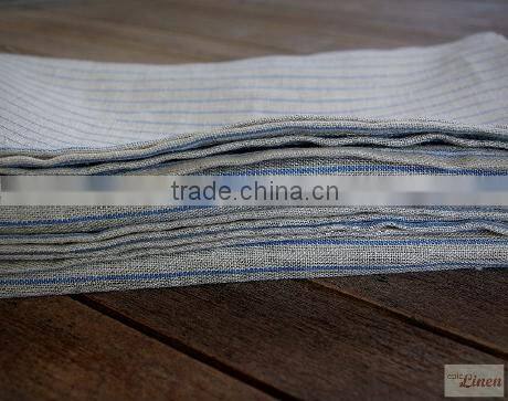 100% plain linen Natural fabric with blue stripes