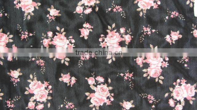 pink flower on black mesh half shiny mesh Spandex nylon 70210 Elastic kids shoes fabric