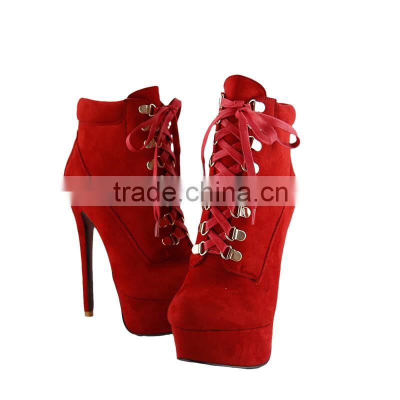 OlzB04 round toe platteau lace up 14 cm high heel suede leather red outsole ankle boots